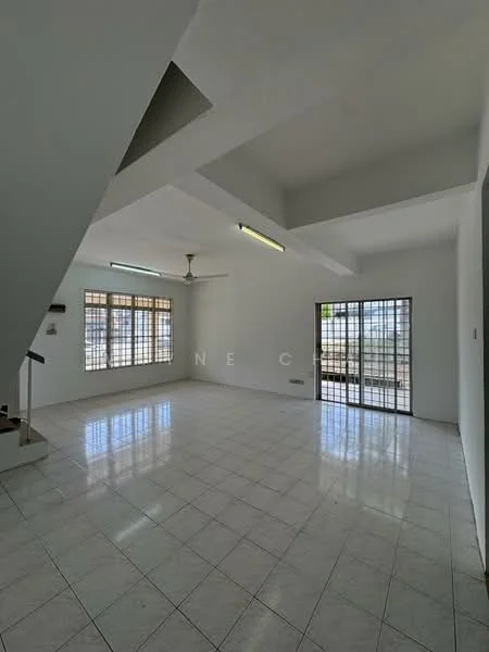 Living features: white painted walls, tile flooring, ceiling with recessed lighting, 5-blade ceiling fan, large windows with metal grilles, sliding glass door, natural light from windows, open layout; style: modern; view: garden.