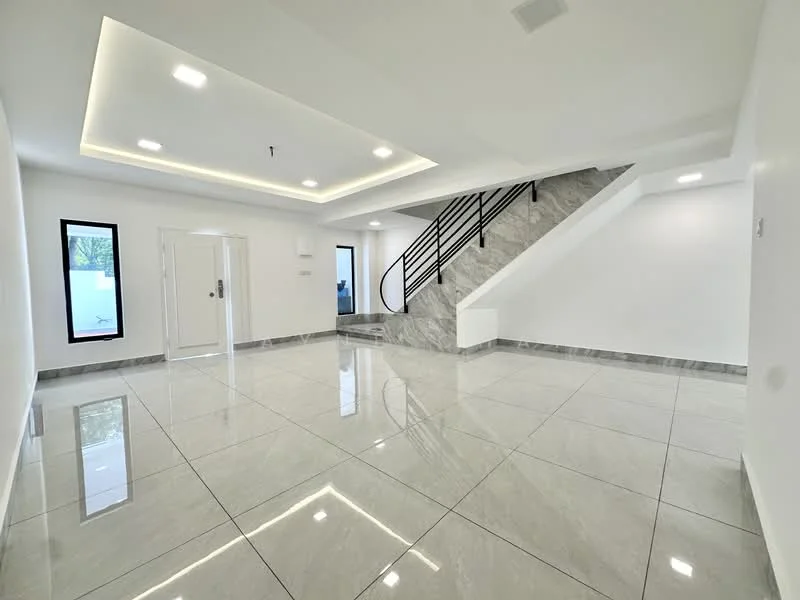 Room features: white painted walls, grey marble tile flooring, tray ceiling with recessed lighting, staircase with black metal railing, large windows, double-door entry, LED downlights, open layout; style: modern; view: garden.