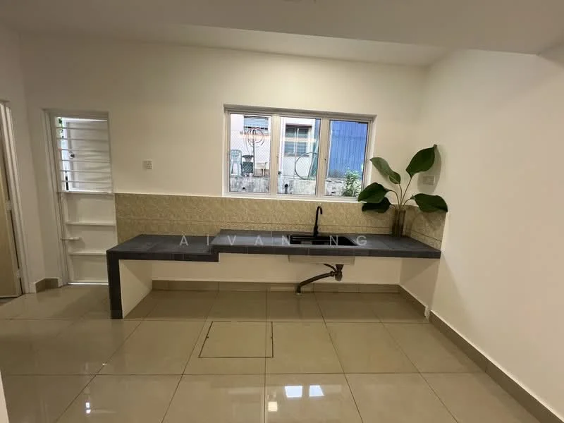 Kitchen features: grey stone countertop, single-bowl stainless-steel sink, black gooseneck faucet, white painted walls, cream tile backsplash, glossy beige floor tiles, window with view of exterior, open layout, built-in cabinetry, door leading to exterior; style: modern.