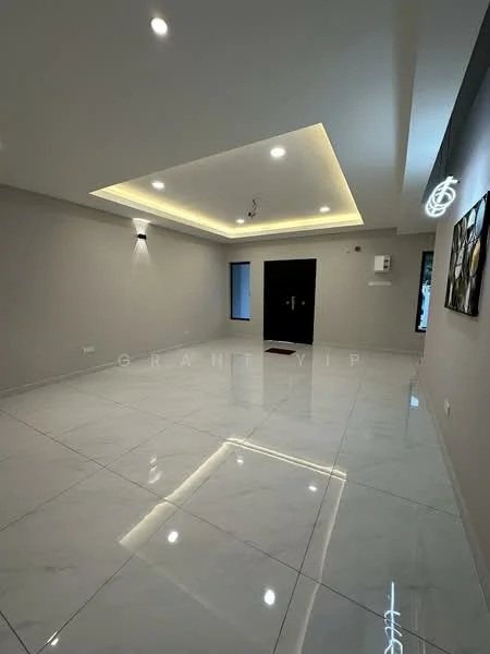 Living features: white painted walls, marble tile flooring, tray ceiling with recessed lighting, LED strip lighting, wall-mounted AC unit, floor-to-ceiling window, main entrance door, decorative wall sconce, framed artwork; style: modern.