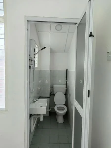 Bathroom features: white tiled walls, light grey tiled flooring, one-piece toilet, sink with chrome faucet, shower with handheld shower head, glass shower enclosure, mirror above sink, wall-mounted water heater; style: modern.