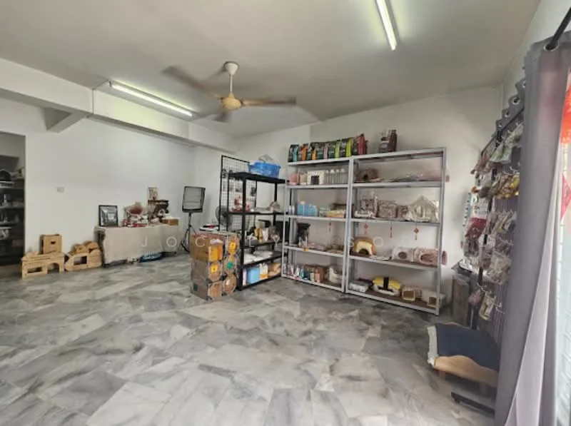 Room features: marble tile flooring, white painted walls, ceiling fan, shelving units, various pet supplies, decorative items, large windows with curtains, bright overhead lighting.