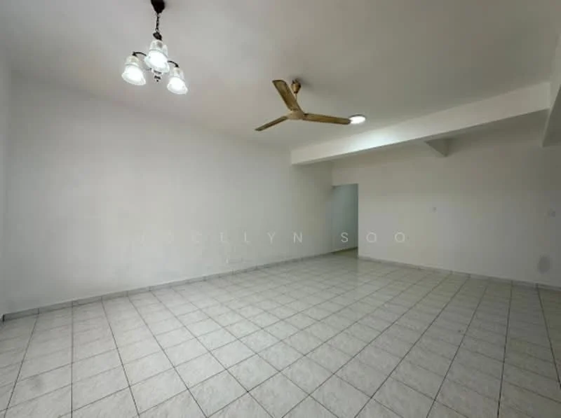 Room features: white painted walls, ceiling with recessed lighting, 5-blade ceiling fan, tile flooring, large open space, no visible furniture, neutral color scheme; style: minimalist.