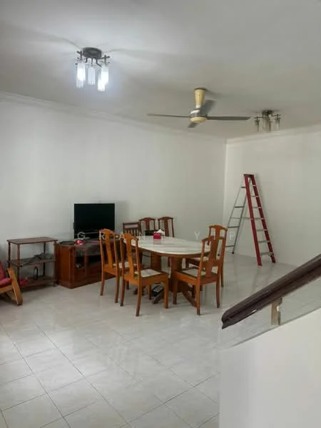 Dining features: round dining table, 8 wooden dining chairs, wooden sideboard, wall-mounted TV, 5-blade ceiling fan with light, white painted walls, glossy tile flooring, ladder in background, decorative ceiling lights; style: modern.