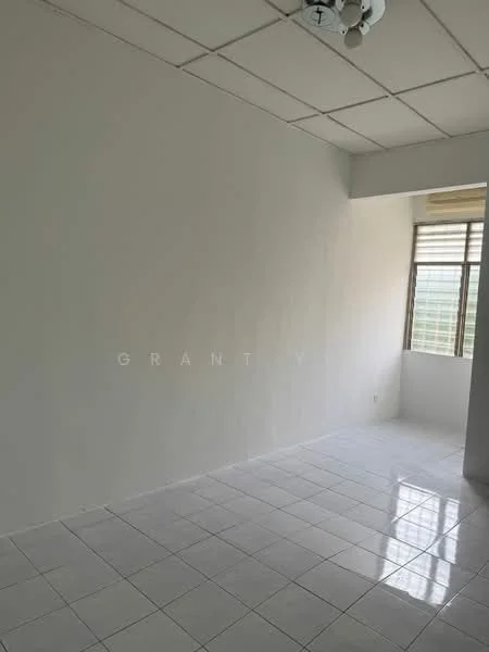 Room features: white painted walls, glossy white tile flooring, large window with grid pattern, ceiling light fixture, natural light from window.