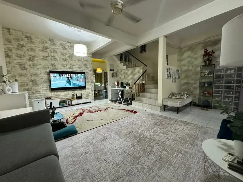 Living features: grey fabric sofa, area rug with geometric pattern, wall-mounted TV, TV console, coffee table, ceiling fan, decorative wall with stone texture, staircase leading to upper floor, large window with natural light, decorative plants, wall art, open layout to dining area; style: modern.