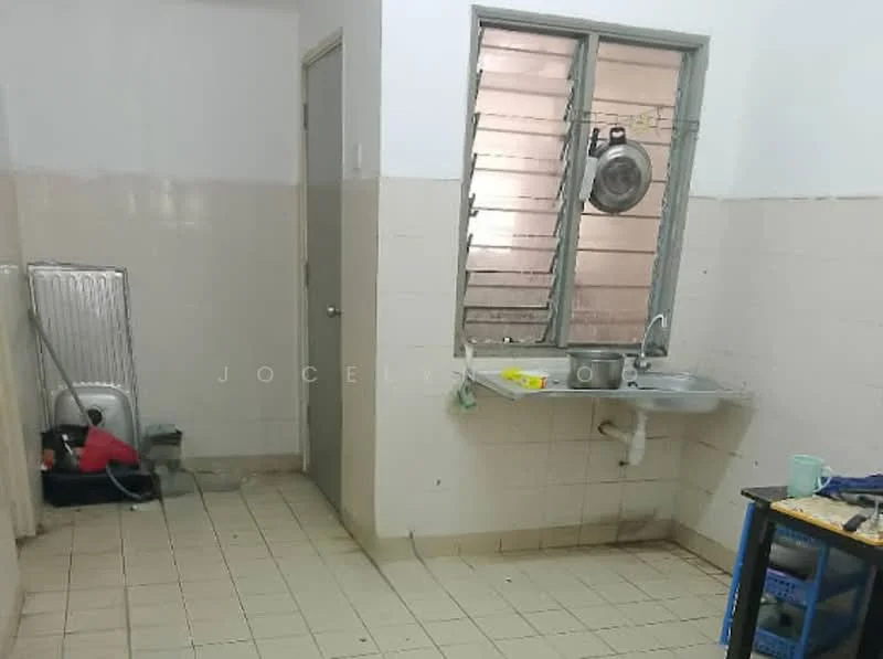 Kitchen features: single-bowl stainless-steel sink, chrome pull-down faucet, wall-mounted cabinets, tile backsplash, ceramic tile flooring, white painted walls, window with metal grilles, kitchen countertop, floor-mounted storage unit, visible cleaning equipment.