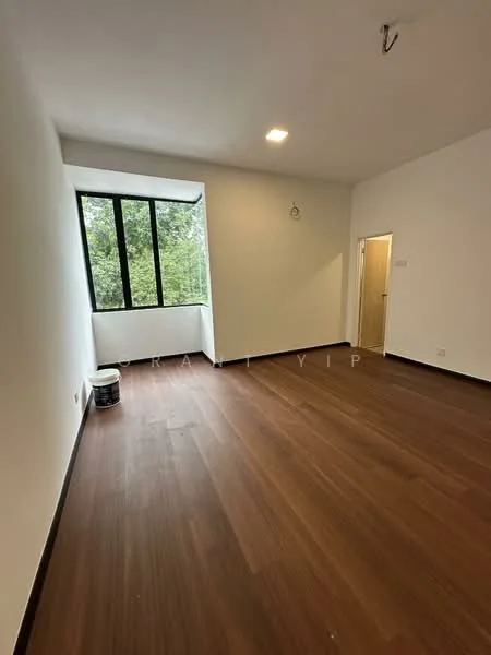 Room features: white painted walls, wooden flooring, large windows, natural light, ceiling light fixture, doorway, corner window, view of greenery; style: modern; view: garden.