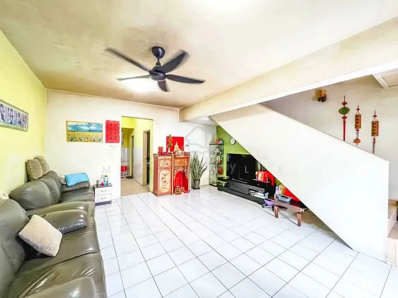 Living features: 3-seater leather sofa in dark brown, ceiling fan with light, white tiled flooring, green painted walls, decorative wall art, TV console, wall-mounted TV, decorative cabinet, area rug, staircase leading to upper level, wall decorations with Chinese motifs; style: contemporary.