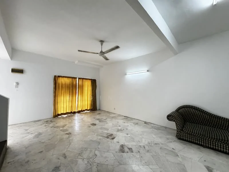 Living features: white painted walls, marble flooring, 5-blade ceiling fan, large windows with yellow curtains, sofa in checkered pattern, recessed lighting, air conditioning unit on wall.