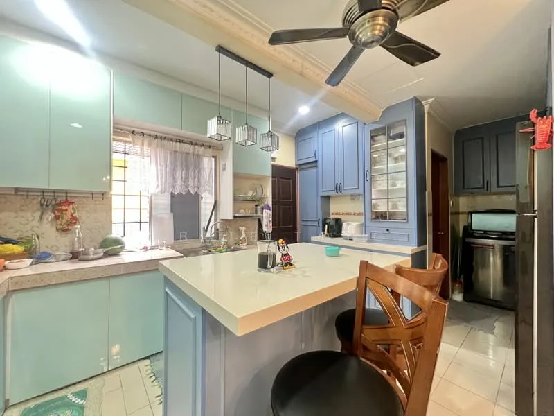 Kitchen features: light blue cabinetry, white countertop, stainless-steel sink, chrome pull-down faucet, kitchen island with seating, pendant lighting above island, built-in glass-front upper cabinets, tile backsplash, refrigerator, wall-mounted cabinets, ceramic tile flooring, window with sheer curtains, ceiling fan; style: modern.