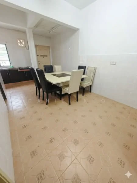 Dining features: 6-seater dining table, upholstered dining chairs in cream, tile flooring in beige, white painted walls, window with green view, ceiling with exposed beams, light fixture on ceiling; style: modern; view: garden. Kitchen features: black cabinetry, countertop with storage, kitchen appliances visible; style: modern.