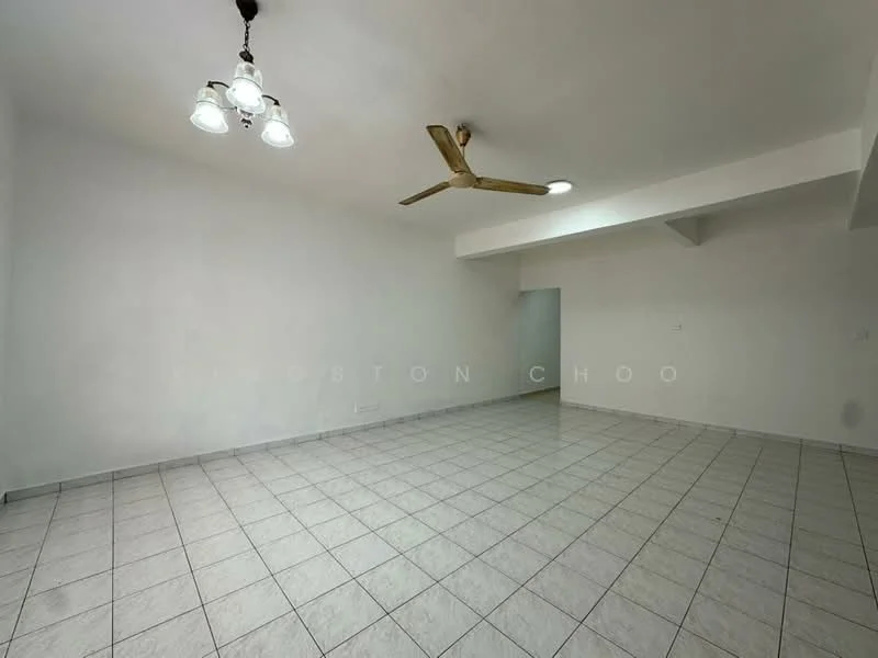 Living features: white painted walls, tile flooring, 5-blade ceiling fan, recessed downlights, no visible furniture, open layout, neutral color scheme, large floor area; style: minimalist.