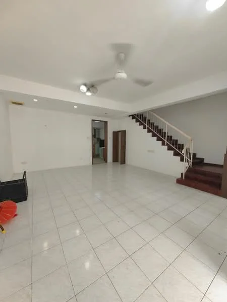 Living features: white painted walls, ceramic tile flooring, 5-blade ceiling fan, staircase with wooden railing, recessed lighting, large open space, multiple light fixtures, doorway leading to other rooms; style: modern.
