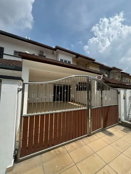 Exterior type: linked terrace house; features: metal gate with wooden accents, paved driveway, two-storey building, balconies on upper floor, air conditioning units visible, white painted facade, terracotta roof tiles, surrounded by clear sky; style: modern.
