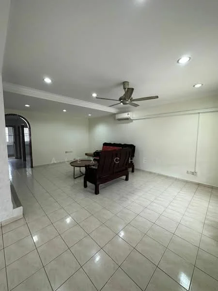Living features: white painted walls, ceramic tile flooring, 5-blade ceiling fan with light, wall-mounted split AC, sofa with red and black upholstery, coffee table, recessed downlights, crown moulding; style: modern.