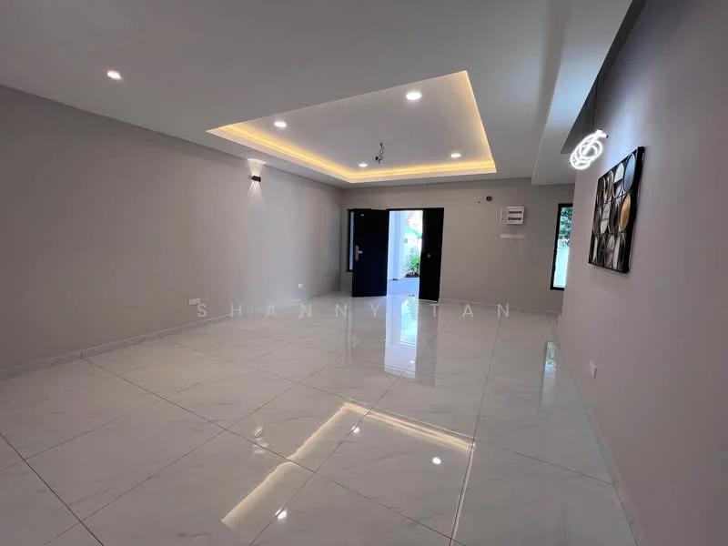 Living features: white painted walls, marble tile flooring, tray ceiling with recessed lighting, ceiling lights, floor-to-ceiling windows, sliding glass door, decorative wall art, air conditioning unit; style: modern; view: garden.