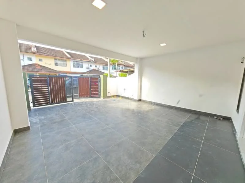 Room features: grey ceramic tile flooring, white painted walls, recessed downlights, large sliding glass door, outdoor view, fenced area, open layout, natural light from windows; style: modern; view: garden.