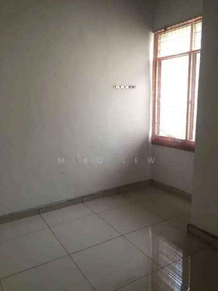 Room features: white painted walls, glossy tile flooring, single window with sheer curtains, natural light from window, wall hooks.