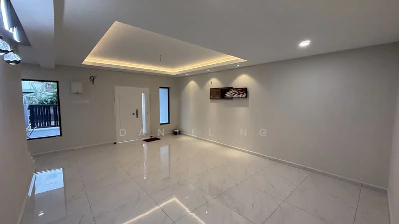 Living features: white painted walls, marble tile flooring, tray ceiling with recessed lighting, floor-to-ceiling windows, sliding glass door, decorative wall art, LED strip lighting, crown moulding; style: modern; view: garden.