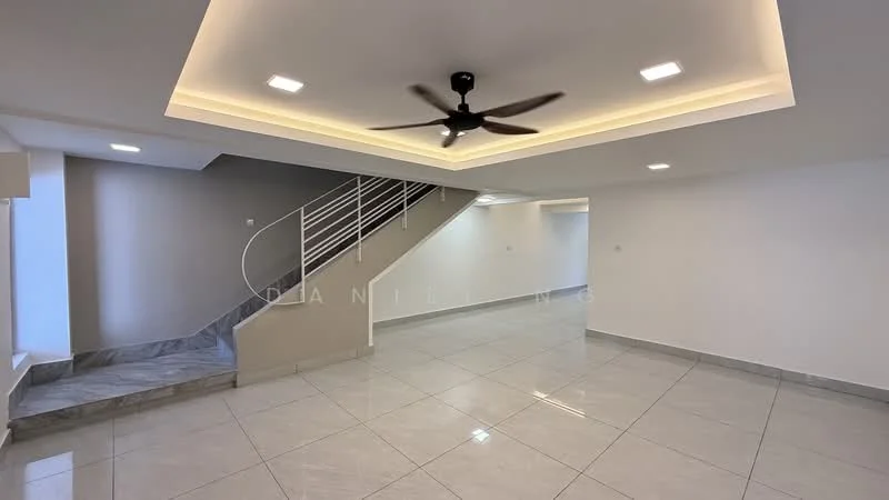 Living features: white painted walls, polished ceramic tile flooring, tray ceiling with recessed lighting, 5-blade ceiling fan, large window for natural light, open space layout, staircase with metal railing, neutral color palette; style: modern.