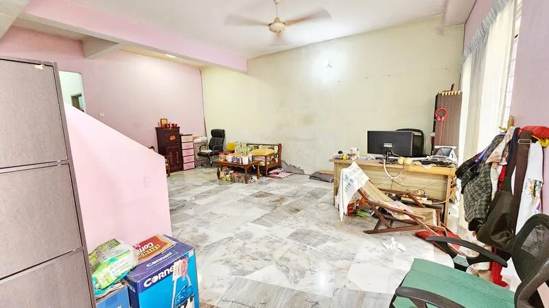 Living features: pink painted walls, marble flooring, ceiling fan, large window with curtains, wooden furniture, computer desk, office chair, small dining table, storage cabinets, cluttered decor.