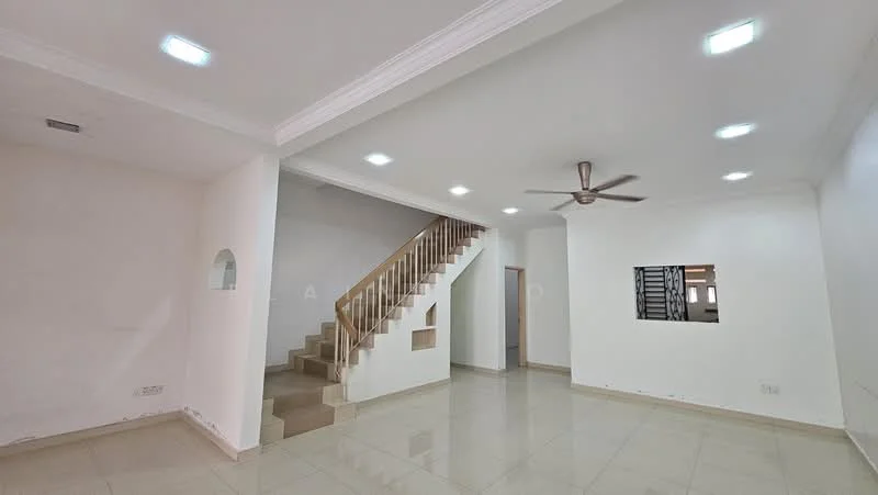 Living features: white painted walls, glossy tile flooring, recessed LED downlights, 5-blade ceiling fan, staircase with wooden railing, open layout, window with security bars, doorway leading to other rooms; style: modern.