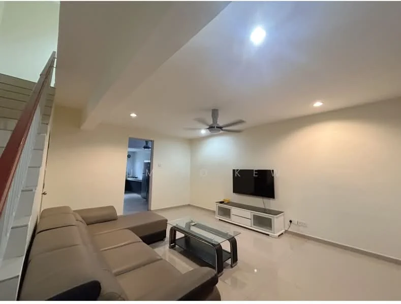 Living features: 3-seater fabric sofa in grey, glass coffee table, wall-mounted TV, TV console in white, recessed LED downlights, 5-blade ceiling fan, cream painted walls, polished tile flooring; style: modern.