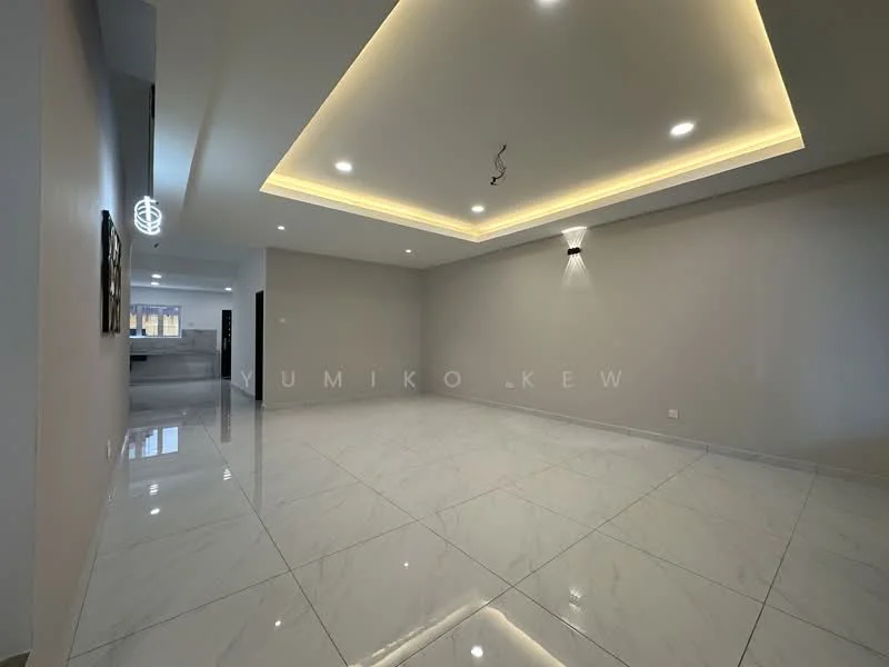 Living features: white painted walls, marble tile flooring, tray ceiling with recessed lighting, pendant light, wall sconce, open layout, large windows, neutral color scheme; style: modern.