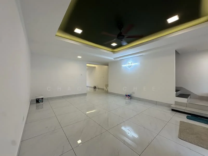 Living features: white painted walls, polished marble flooring, tray ceiling with recessed lighting, 5-blade ceiling fan, LED strip lighting, decorative wall light, open layout, staircase visible; style: modern.