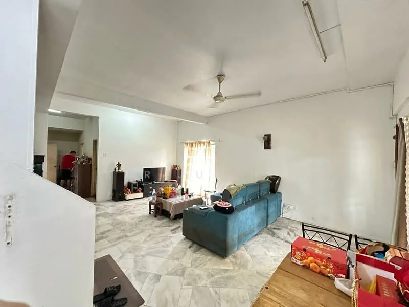 Living features: marble tile flooring, white painted walls, ceiling fan, 3-seater fabric sofa in teal, coffee table, TV console, area rug, curtains, decorative items on shelves. Room features: white painted walls, ceiling fan, open layout, natural light from windows.