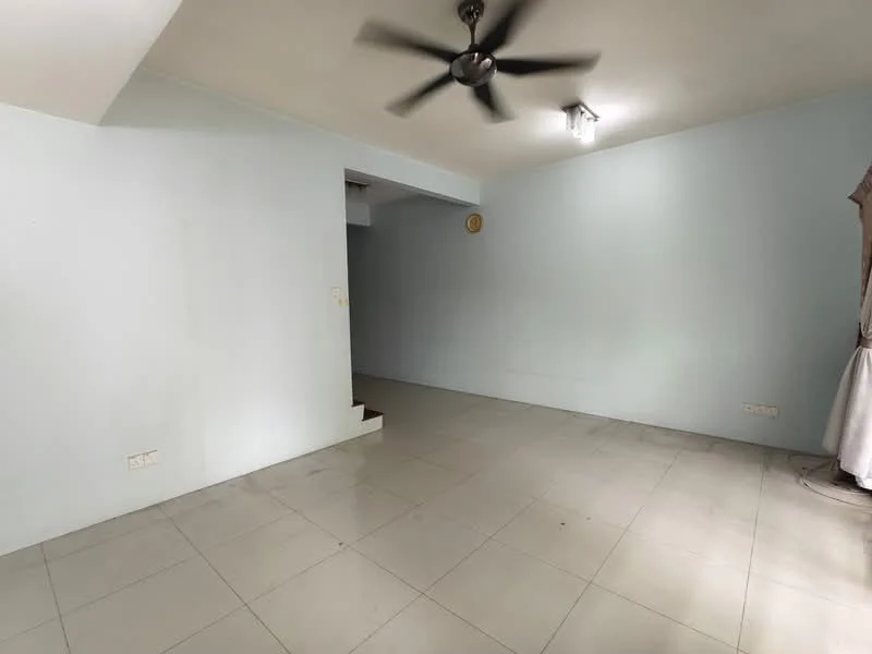 Living features: light grey painted walls, white ceiling, 5-blade ceiling fan, tile flooring, window with sheer curtains, staircase leading to upper level, wall clock, light fixture.