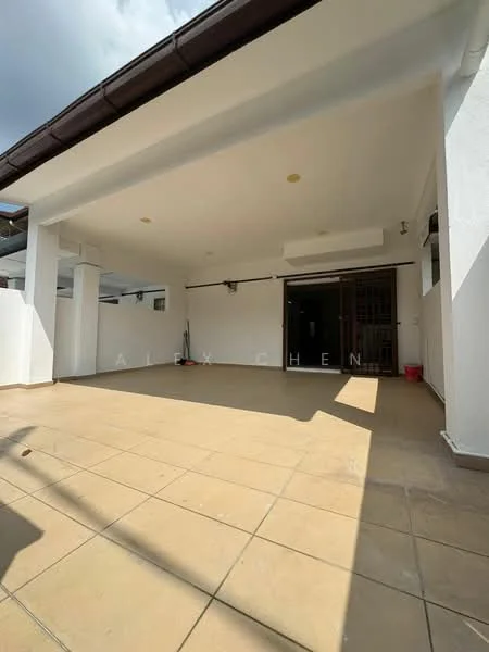 Exterior features: open patio area, tiled flooring, white painted walls, overhead ceiling, no visible furniture, sunlight exposure, surrounding walls, doorway leading inside; style: modern.