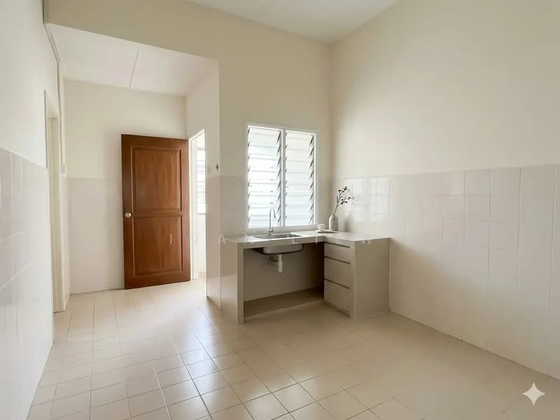 Kitchen features: white tiled walls, light beige tiled flooring, single-bowl stainless-steel sink, chrome pull-down faucet, kitchen cabinetry with drawers, window with horizontal slats, natural light from window, neutral wall color; style: modern. Room features: wooden door, plain wall, doorway leading to another room.