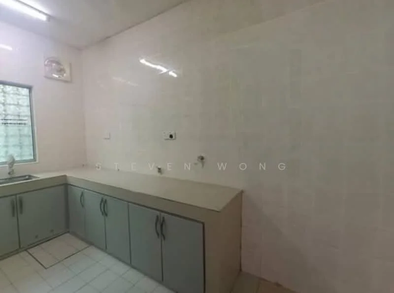 Kitchen features: white tiled walls, light grey cabinetry, laminate countertop, single-bowl stainless-steel sink, chrome faucet, window with grid pattern, tile flooring, built-in cabinets; style: modern.