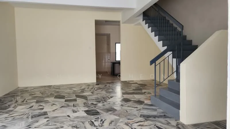 Room features: marble flooring, cream painted walls, staircase with metal railing, large window, open layout, high ceiling; style: modern.