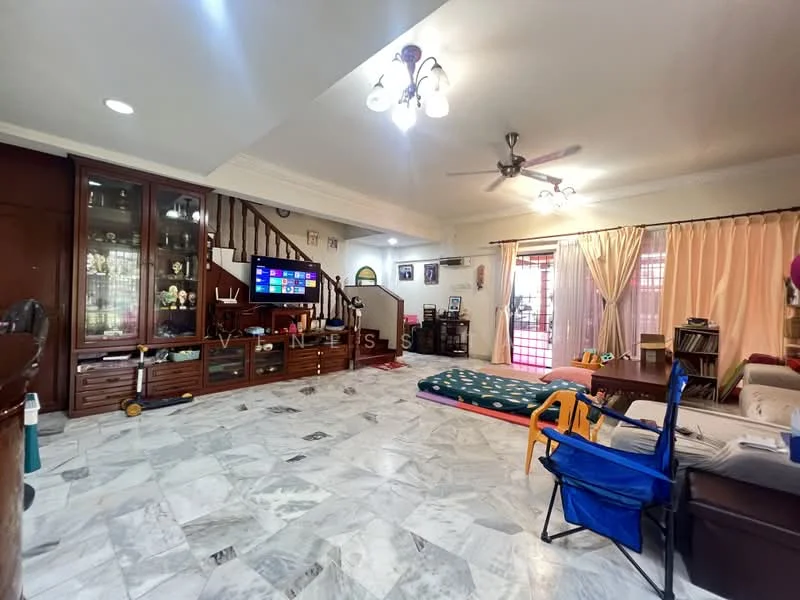 Living features: marble tile flooring, white painted walls, ceiling fan, recessed downlights, wall-mounted TV, wooden display cabinet, large windows with sheer curtains, sofa, area rug, foldable mattress, blue camping chair, staircase leading to upper floor; style: contemporary.