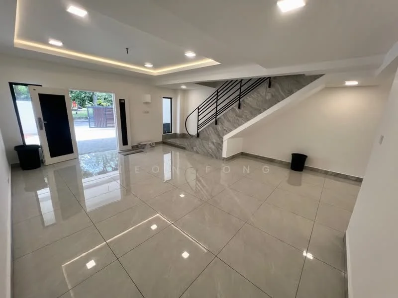 Living features: glossy marble tile flooring, white painted walls, recessed downlights, staircase with black metal railing, large windows, double glass doors leading outside, open layout, ceiling with cove lighting; style: modern; view: garden.