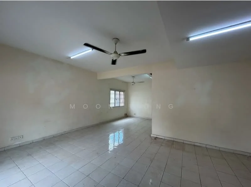 Room features: white painted walls, glossy ceramic tile flooring, 2 ceiling fans, fluorescent lighting, large window with metal grille, neutral color scheme, open layout, no visible furniture; style: minimalist.