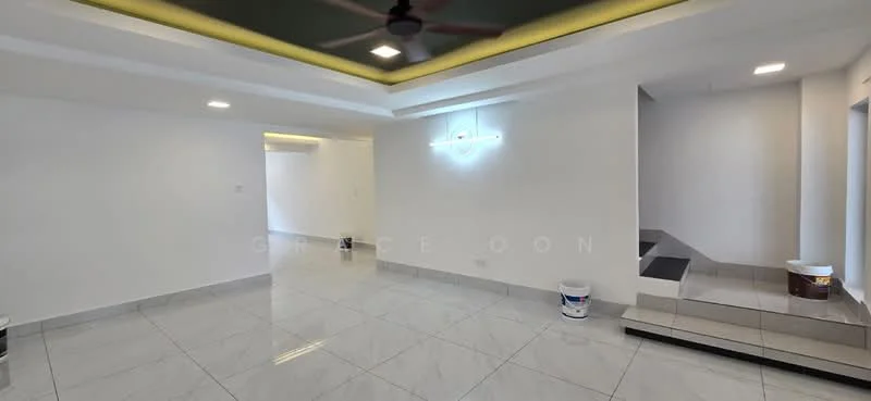 Room features: white painted walls, marble tile flooring, recessed downlights, ceiling fan, neutral color scheme, open layout, corner with steps, lighted wall feature; style: modern.