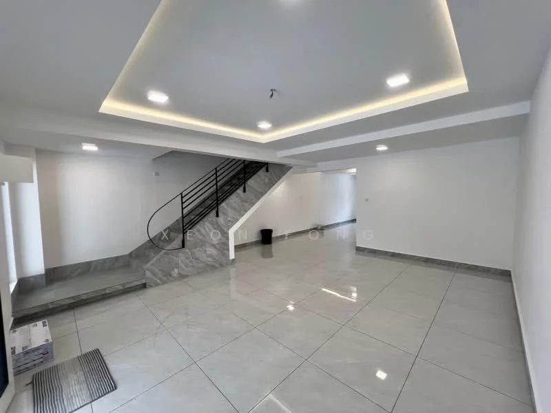Room features: white painted walls, marble tile flooring, tray ceiling with recessed lighting, staircase with black metal railing, large windows for natural light, ceiling lights, open layout, waste bin; style: modern.