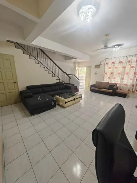 Living features: 3-seater fabric sofa in black, 2-seater fabric sofa in beige, coffee table, ceiling fan, recessed downlights, white tiled flooring, large window with sheer curtains, staircase with metal railing, decorative wall with floral curtains; style: modern.