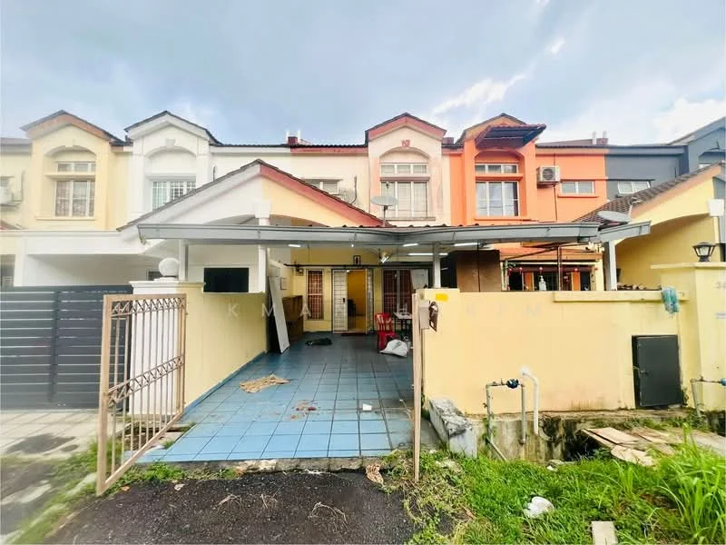 Exterior type: linked terrace house; features: yellow painted facade, red accent wall, flat roof, covered car porch, manicured lawn, paved walkway, fenced front yard, outdoor seating area, visible air conditioning unit, gated entrance; style: modern.