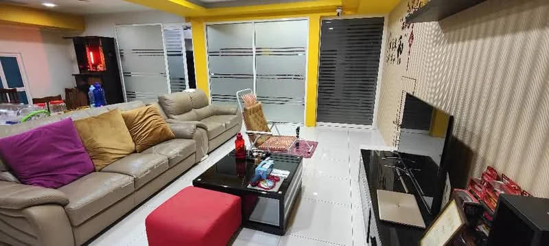 Living features: 3-seater leather sofa in beige, 2-seater fabric sofa with purple cushion, black coffee table, red ottoman, wall-mounted TV, decorative wall with vertical stripes, white tiled flooring, recessed ceiling lights, glass partition with frosted design, decorative wall art; style: modern.