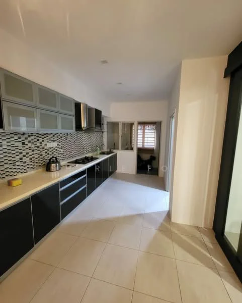 Kitchen features: black cabinetry with flat-panel doors, white countertop, stainless-steel built-in oven, stainless-steel range hood, 4-burner gas hob, mosaic tile backsplash, ceramic tile flooring, window with blinds, kitchen island, light fixtures, open layout, natural light from adjacent room; style: modern.