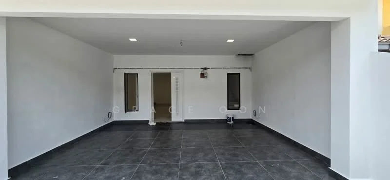 Room features: white painted walls, grey floor tiles, recessed downlights, two windows, open layout, no visible furniture, high ceiling, no visible appliances; style: modern.