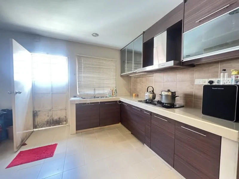 Kitchen features: brown wooden cabinetry, white countertop, stainless-steel sink, chrome pull-down faucet, built-in stove, stainless-steel pot, kettle, window with blinds, tile flooring, red area rug, door leading outside; style: modern.