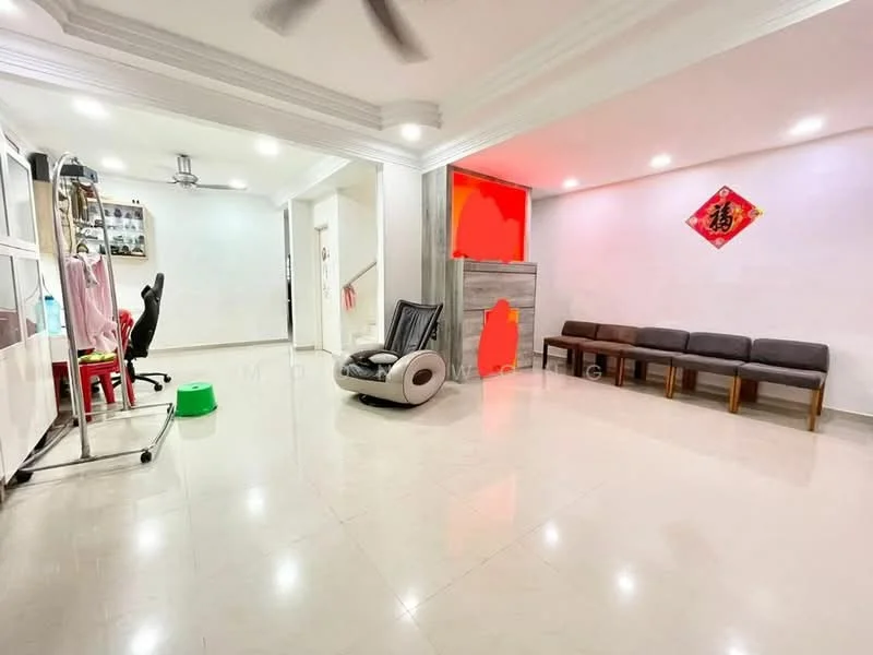 Living features: white painted walls, cream tiled flooring, recessed downlights, 5-blade ceiling fan, sofa seating, decorative wall with artwork, open layout, natural light from windows; style: modern. Room features: office chair, desk, green stool, staircase visible in background.