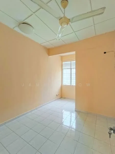 Room features: light peach painted walls, white tiled flooring, ceiling fan, window with multiple panes, natural light from window, plain ceiling, corner space, no visible furniture; style: minimalist.
