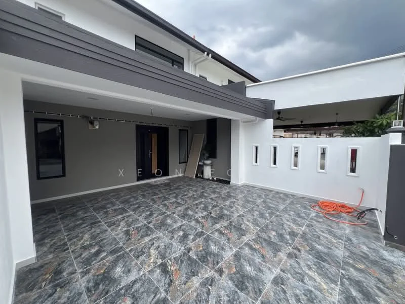 Exterior features: covered car porch, grey tiled flooring, white painted walls, sliding glass door, large windows, exposed concrete wall, outdoor lighting, manicured landscaping, gutter system, modern architectural design; style: modern.